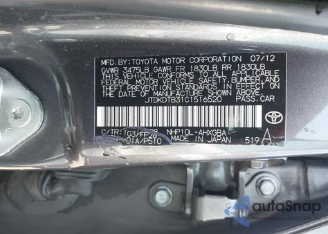 2012 Toyota Prius C Three from USA, damaged, VIN JTDKDTB31C1516520